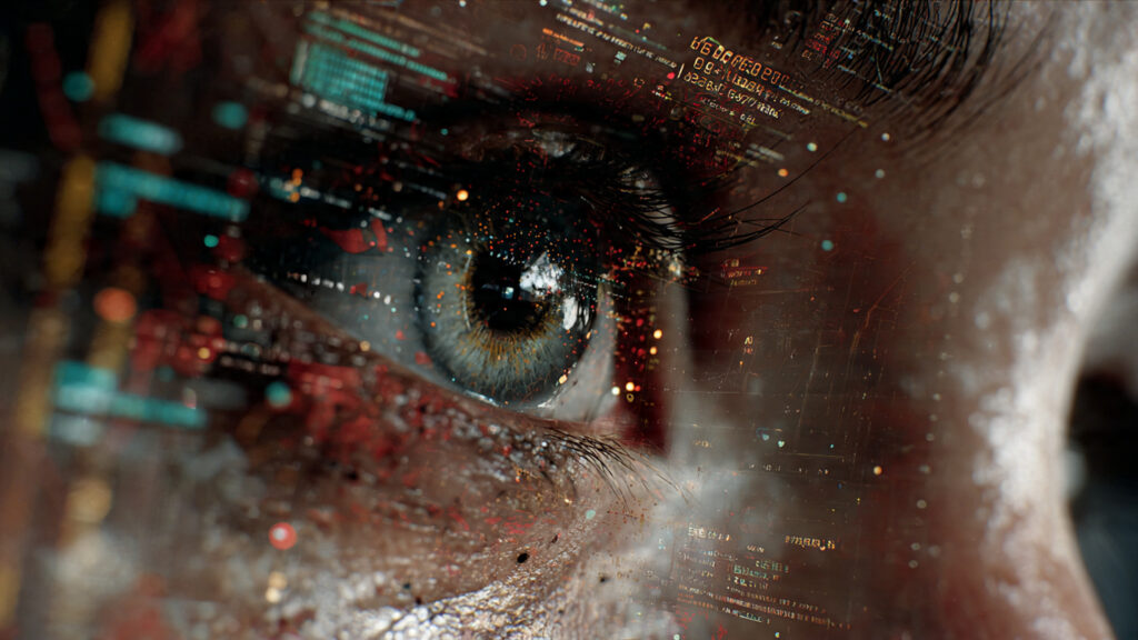 Sci-Fi Noir on Amazon Prime: High-Concept Dystopias and a Glimpse into Our Future 3 A close-up of a character's eye, reflecting a complex digital interface