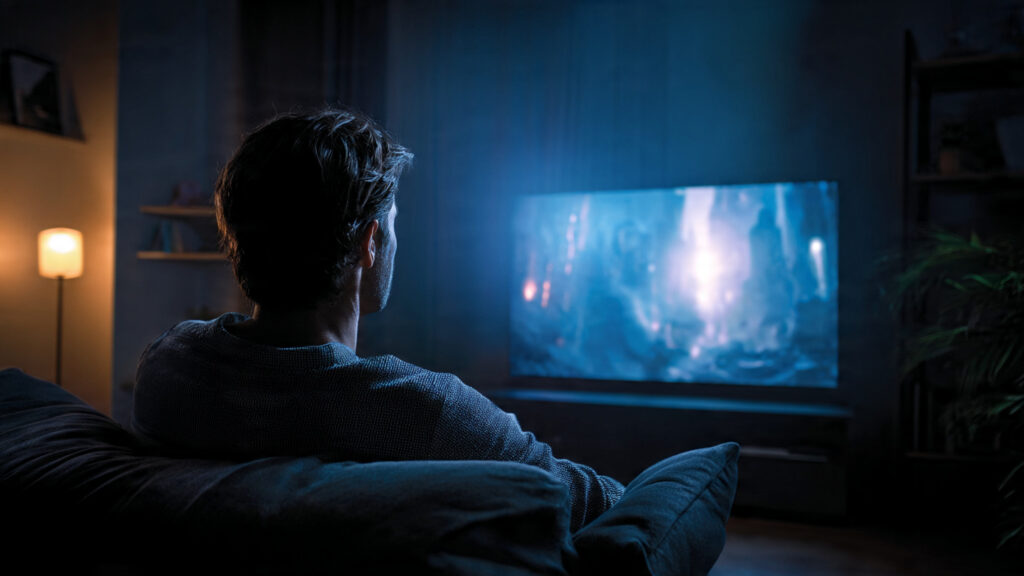 A person enjoying a high-quality movie stream on a large, modern television screen, with subtle visual cues indicating 4K HDR and IMAX enhancements