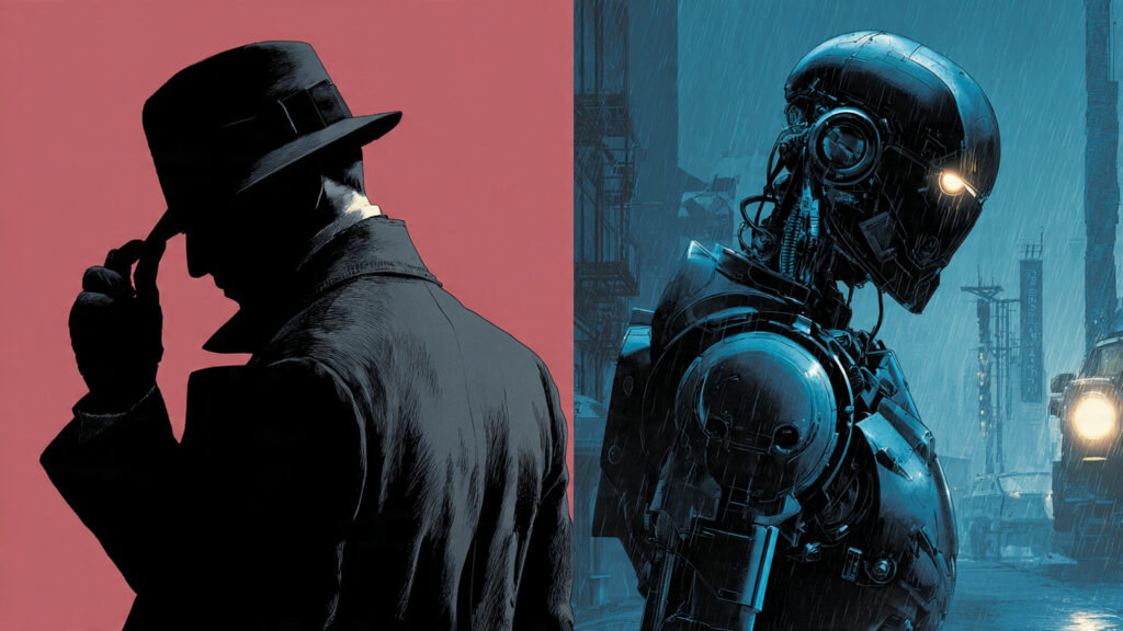 Sci-Fi Noir on Amazon Prime: High-Concept Dystopias and a Glimpse into Our Future 4 A split image showing a classic noir detective on one side and a futuristic robot on the other