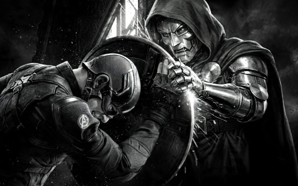 Epic ensemble shot of Avengers facing Doctor Doom