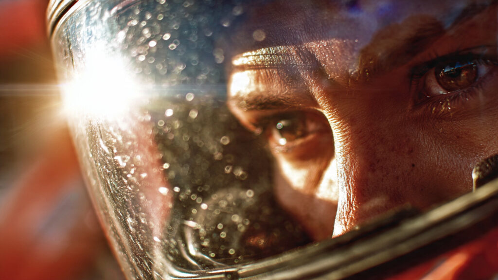 Beyond the Event Horizon: Best Sci-Fi Movies Like Interstellar's Grandeur 4 A close-up shot of a helmet visor reflecting the blindingly bright surface of the sun, with a character's determined expression visible.