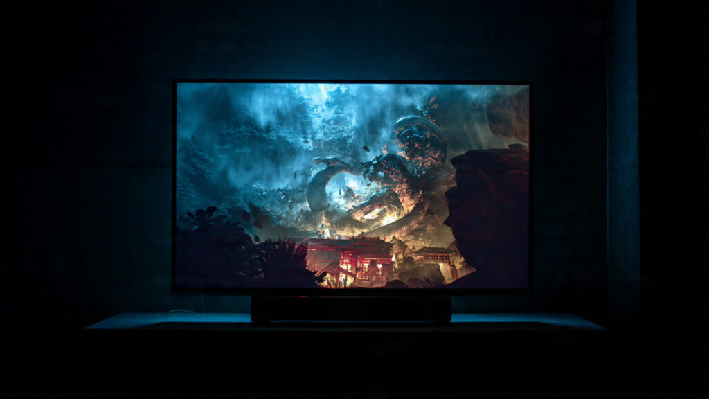 A close-up shot of a TV screen displaying intricate details in a dimly lit, high-contrast scene, highlighting the effectiveness of AV1 and Calibrated Mode