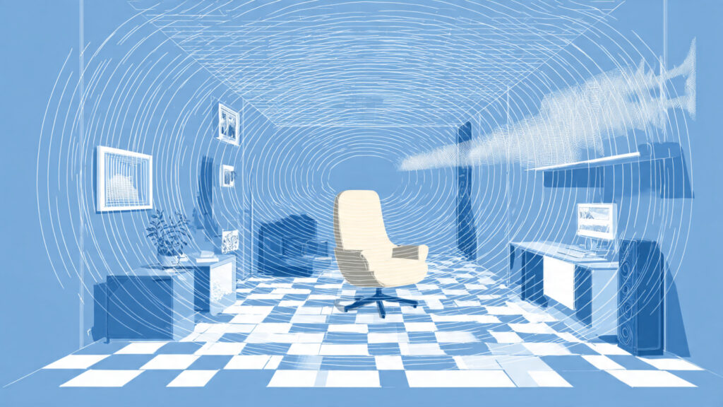 A diagram illustrating a room with sound waves adapting to a moving listener]