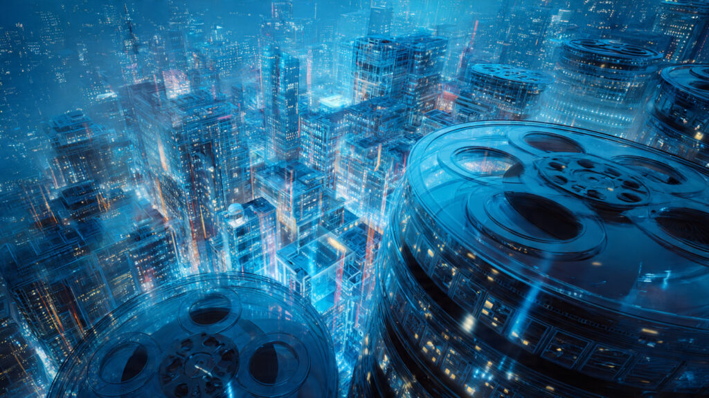 A futuristic cityscape with holographic film reels, symbolizing the intersection of AI and cinema