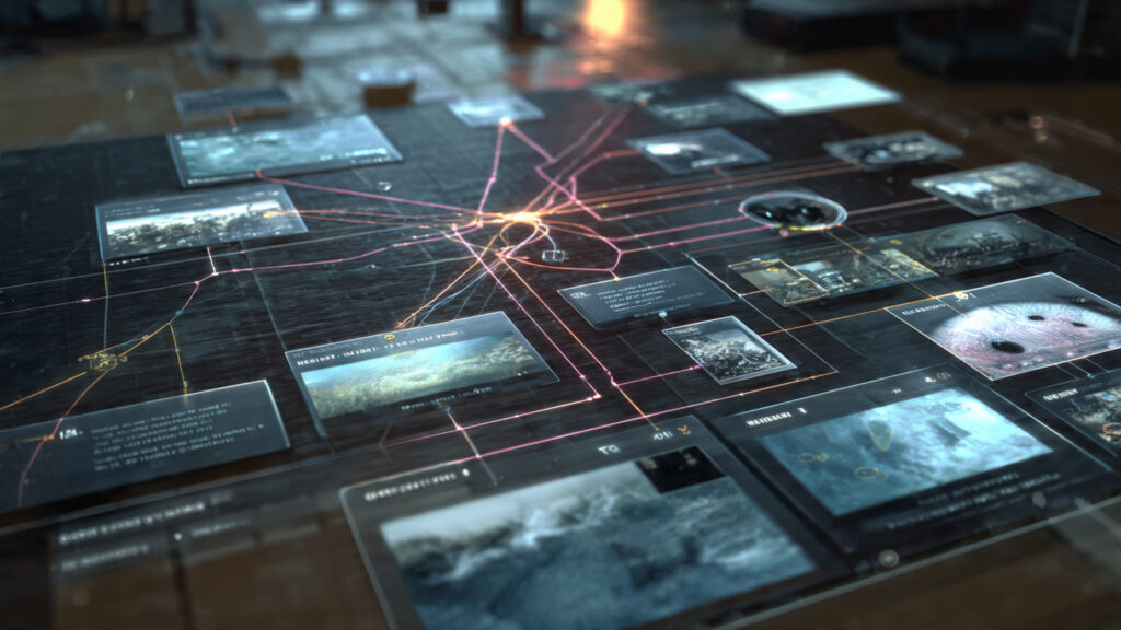Beyond the Script: The Dawn of AI-Generated Interactive Cinema 2 A futuristic interface showing branching narrative paths and AI-generated scene previews