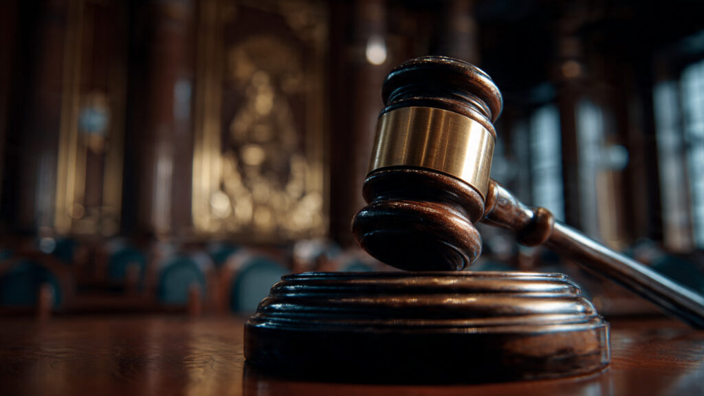 A gavel striking a block in a courtroom setting, symbolizing a legal decision