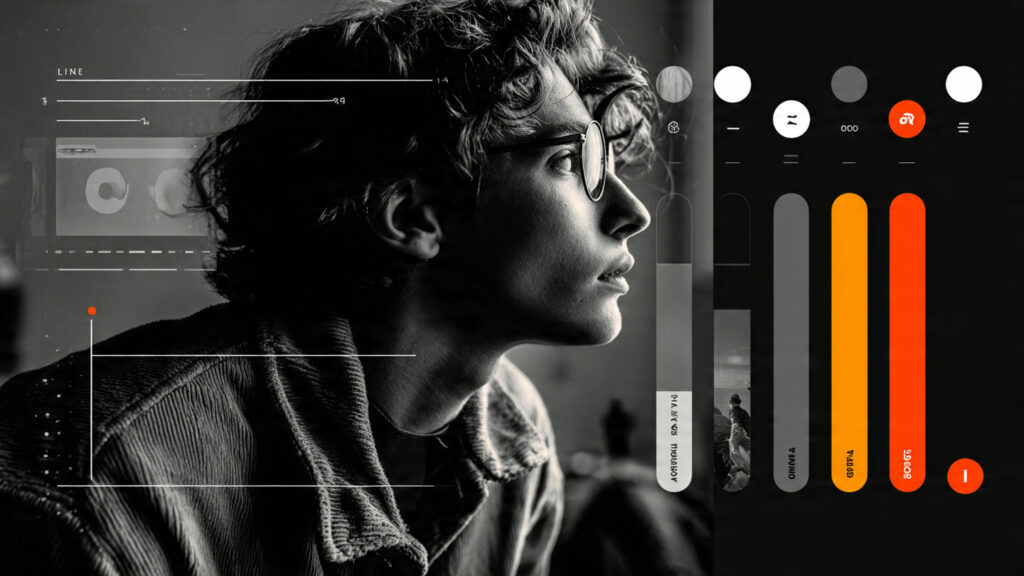 A graphic illustrating a user profile with various sliders for music, mood, and visual intensity, influencing a film being watched