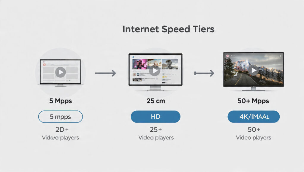 A graphic illustrating different internet speeds (5 Mbps, 25 Mbps, 50+ Mbps) and their corresponding streaming qualities (HD, 4K/IMAX)