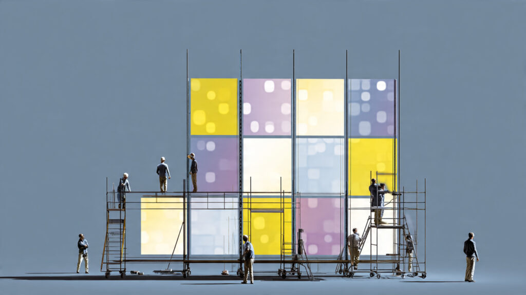 Beyond OLED: The Dawn of Modular Micro-LED Walls in 2026 4 A graphic illustrating the modular nature of Micro-LED panels being assembled to form a large wall display.