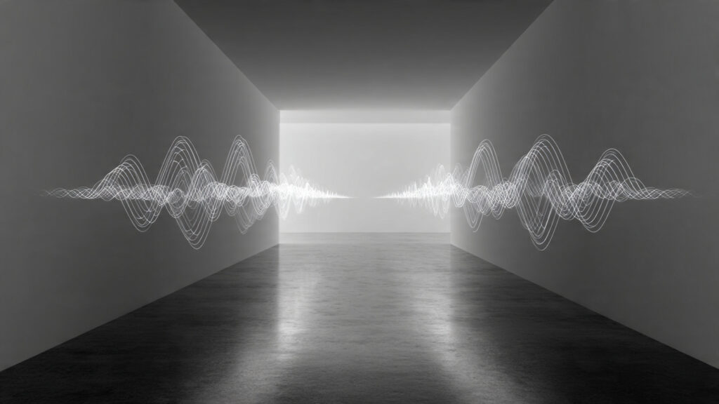A graphic showing sound waves being canceled out by inverse waves in a room