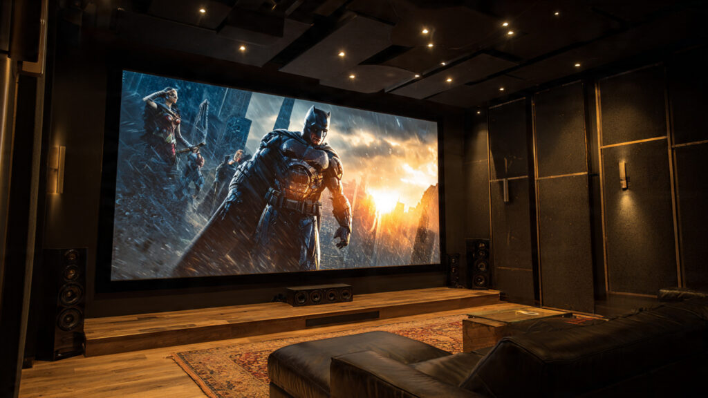 Where to Watch the Latest Action Movies in 2026: Your Ultimate Streaming Guide 3 A high-tech home theater setup, showcasing a large screen with a vibrant action movie playing, symbolizing the ultimate viewing experience.