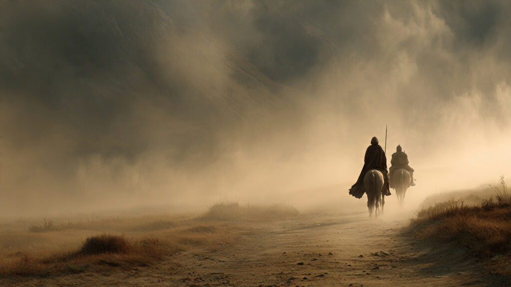 A knight and his squire walking on a dusty road