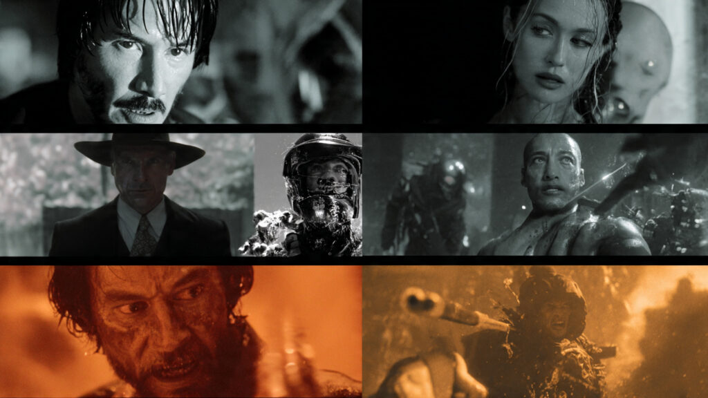 A montage of iconic action movie scenes from different eras, conveying excitement and variety.]