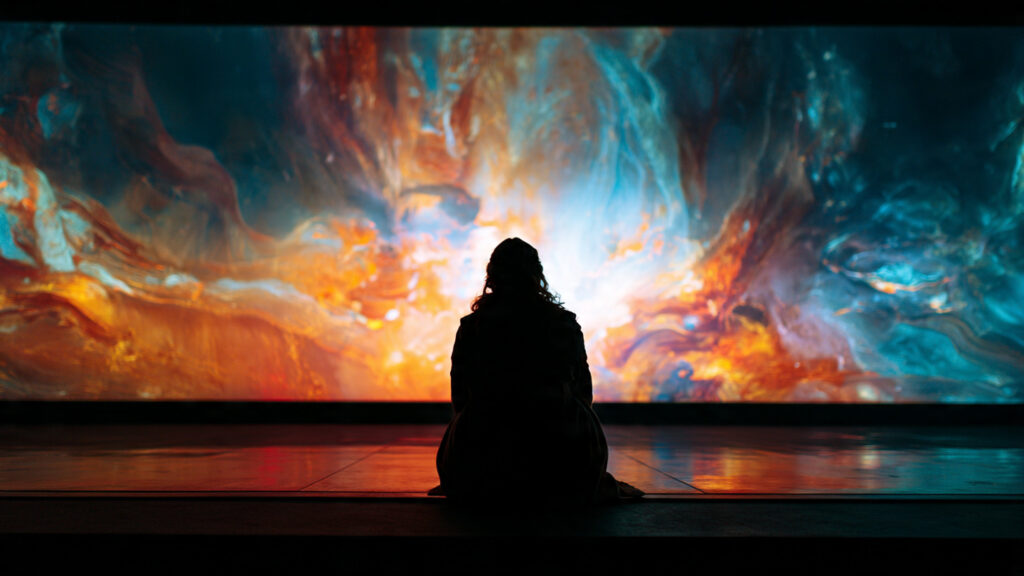 A person silhouetted against a brightly lit, high-quality screen, seemingly engrossed in a visually rich movie, signifying the ultimate viewing experience.