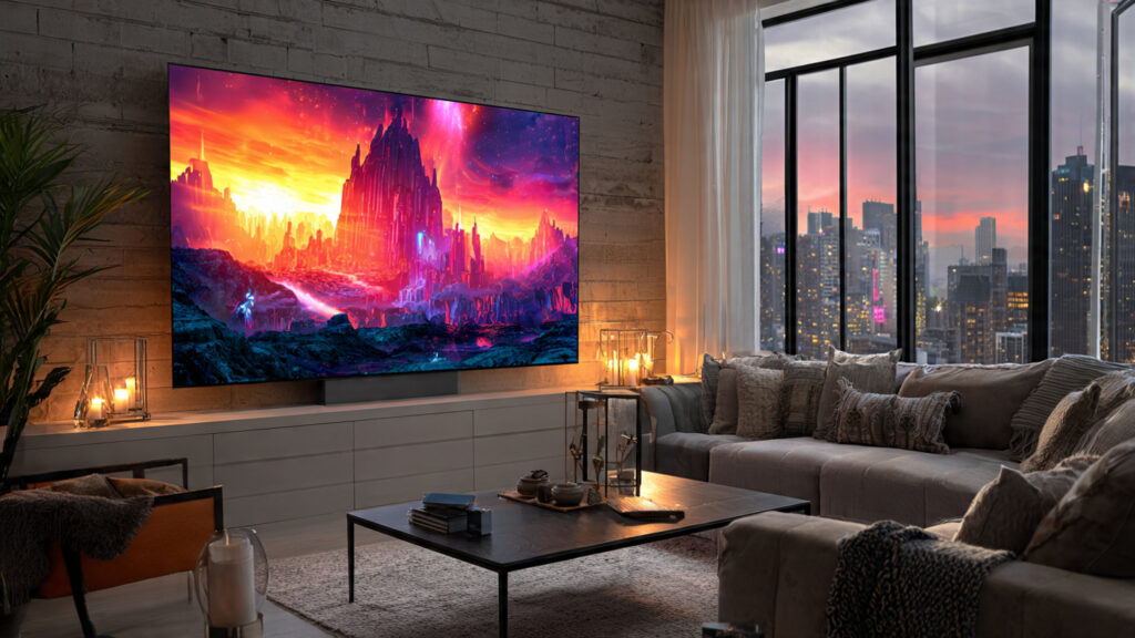 A sleek, modern living room with a large, vibrant QD-OLED TV displaying a stunning HDR movie scene