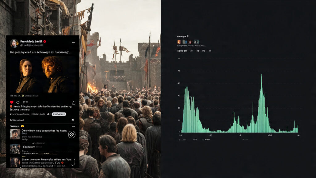 A split image showing a social media feed with trending topics about a fictional show, and a graph showing a spike in viewership