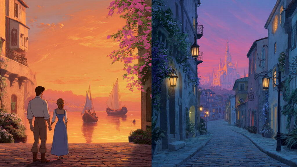 The Enduring Magic of Disney: More Than Just Animation, It's Cinematic Artistry 3 A split image showing a warm-toned scene and a cool-toned scene from Disney films