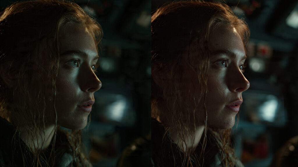 A split-screen comparison showing a dark movie scene with noticeable compression artifacts on the left (HEVC) and incredible detail and clarity on the right (AV1)