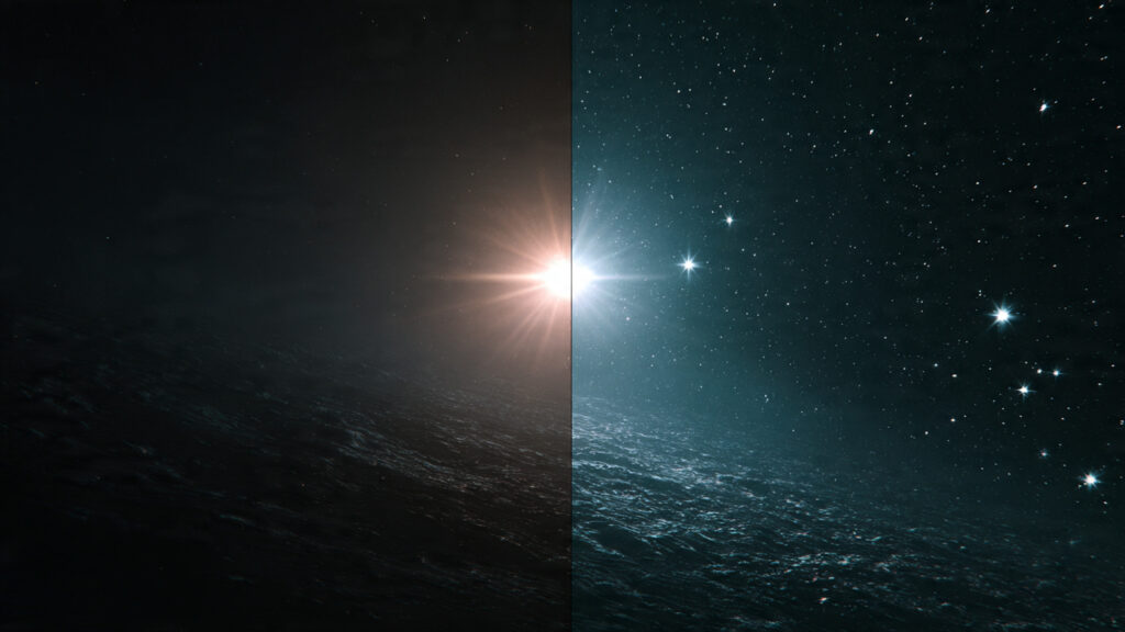 The Disney+ 2026 "Studio Master" Revolution: Lossless Audio & Video is Finally Here! 3 A split-screen comparison showing a dark, slightly grainy scene from a space movie on the left, and the same scene on the right, now crystal clear and detailed, with sharp stars.