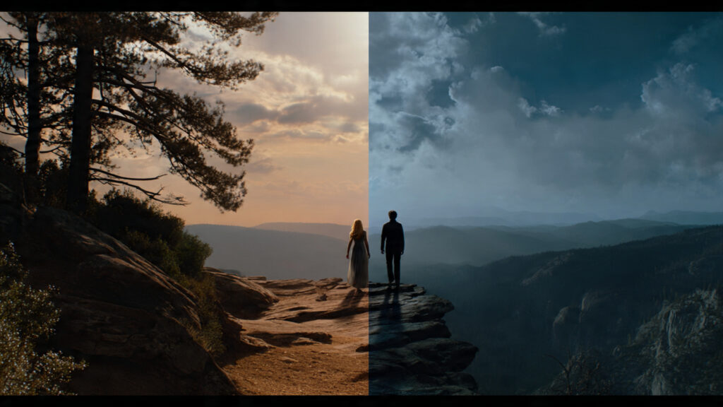 A split-screen comparison showing a standard widescreen movie frame next to the expanded IMAX aspect ratio, highlighting the increased visual information.