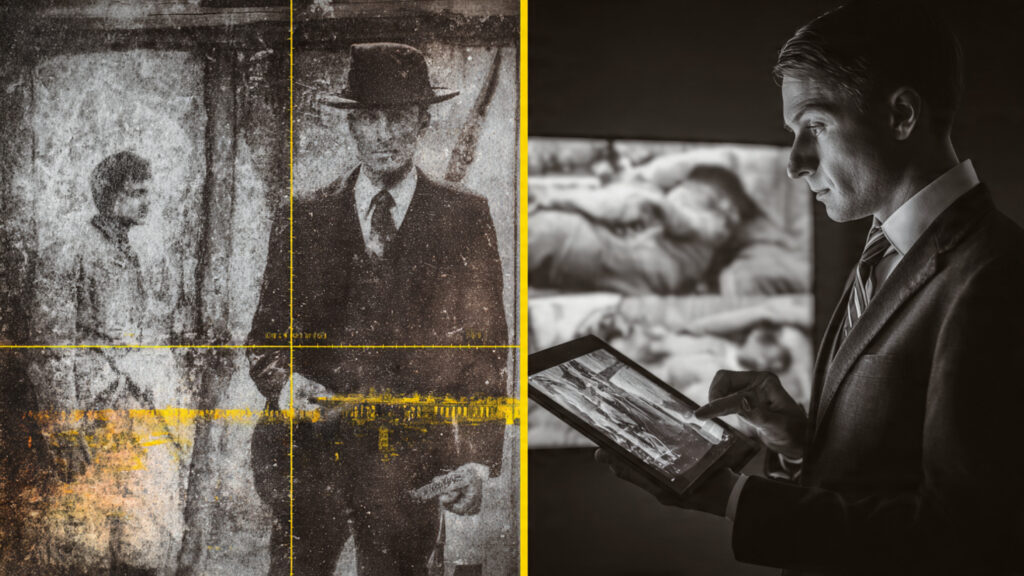 The Evolution of True Crime on Streamers: From Reenactments to Empathetic Investigations 4 a split screen showing a historical crime scene photo being digitally enhanced on one side, and a modern-day investigator looking at a tablet on the other