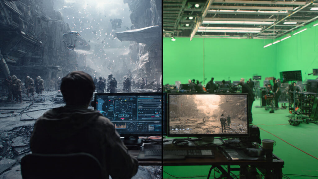 A split screen showing complex CGI elements being generated rapidly by AI on one side, and a traditional film set with green screens on the other