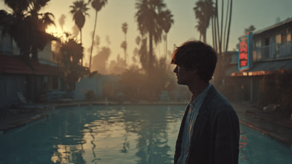 Hidden Noir: Dive into the 5 Detective Masterpieces You’ve Probably Missed 3 A still from "Under the Silver Lake," perhaps showing Andrew Garfield looking bewildered in a distinctly LA setting, like an apartment pool or a palm-lined street.