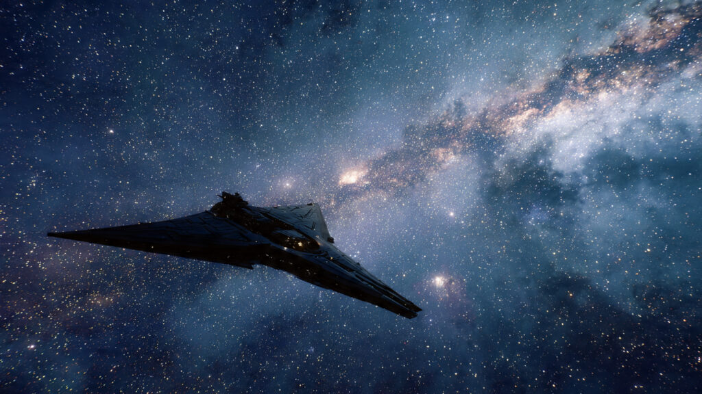 A vast, starry expanse with a sleek spacecraft dominating the frame.]