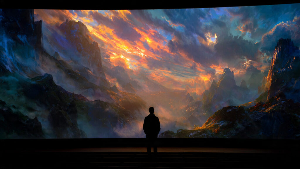 Where to Watch the Latest Action Movies in 2026: Your Ultimate Streaming Guide 5 A viewer silhouetted against a very large, vibrant screen showing an epic action movie scene, emphasizing the immersive and awe-inspiring nature of cinema.