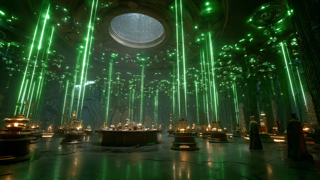 A visually striking scene from a science fiction film emphasizing world-building through lighting and set design.