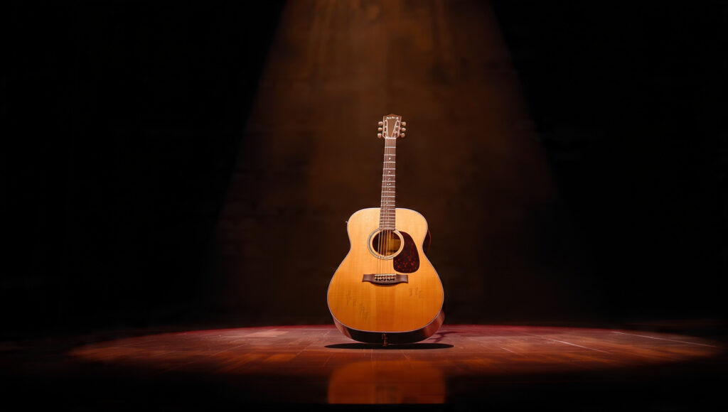 Acoustic guitar on a stage with soft lighting, emphasizing the "musical letter" aspect of the special]