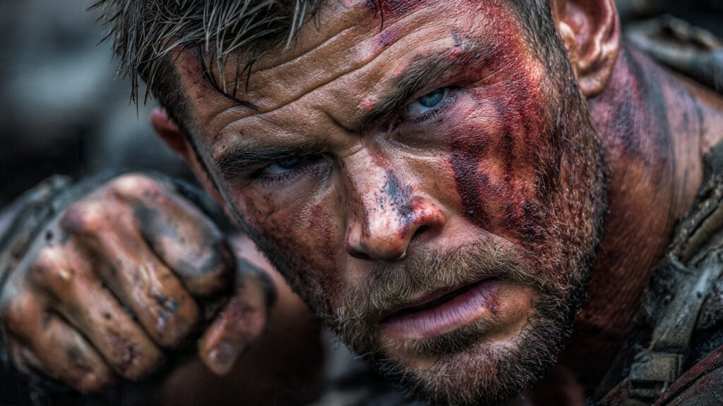 Chris Hemsworth as Tyler Rake in a intense combat scene