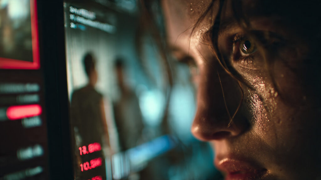 Close-up shot of a TV screen displaying a complex, visually rich movie scene, with metadata indicators subtly visible on an adjacent device