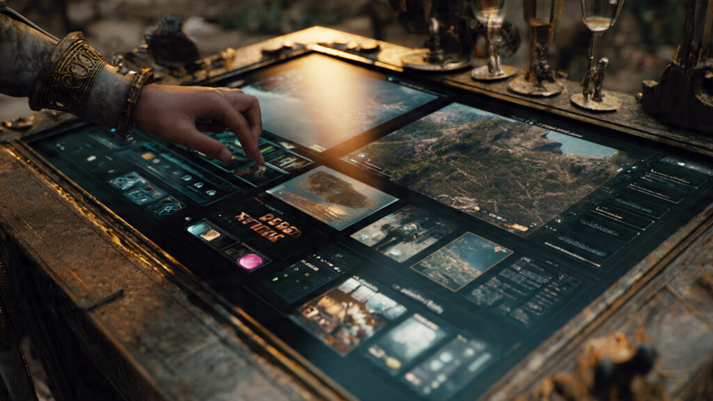 Netflix's 2026 Strategy: Dominating the Era of "Quality Over Quantity" 4 Concept art of an interactive movie interface with gameplay elements