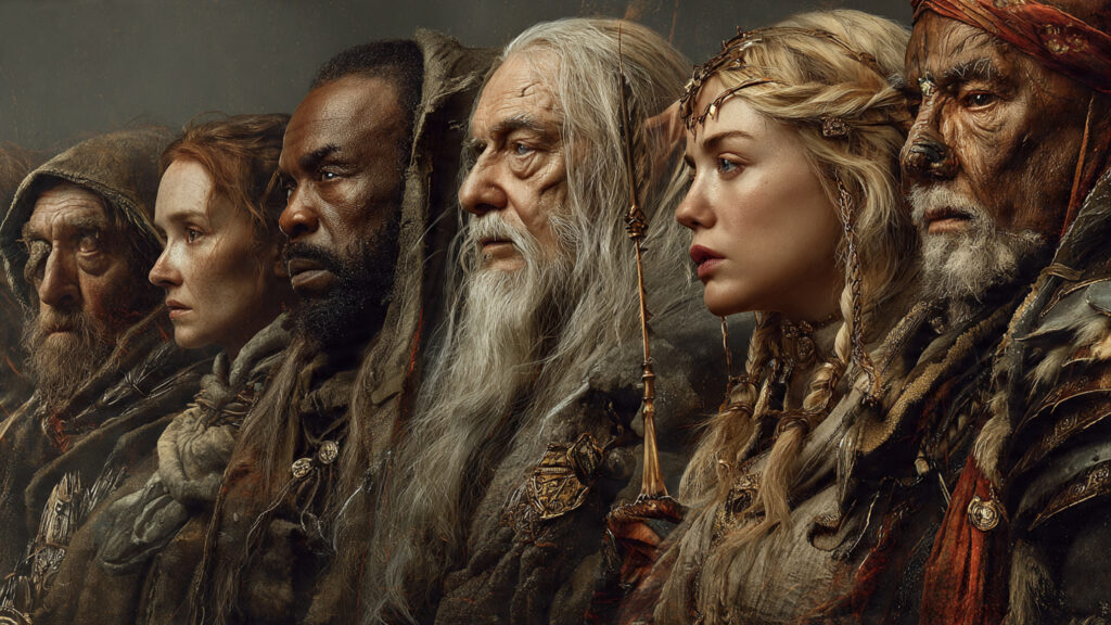 Diverse cast of Rings of Power characters in a promotional shot