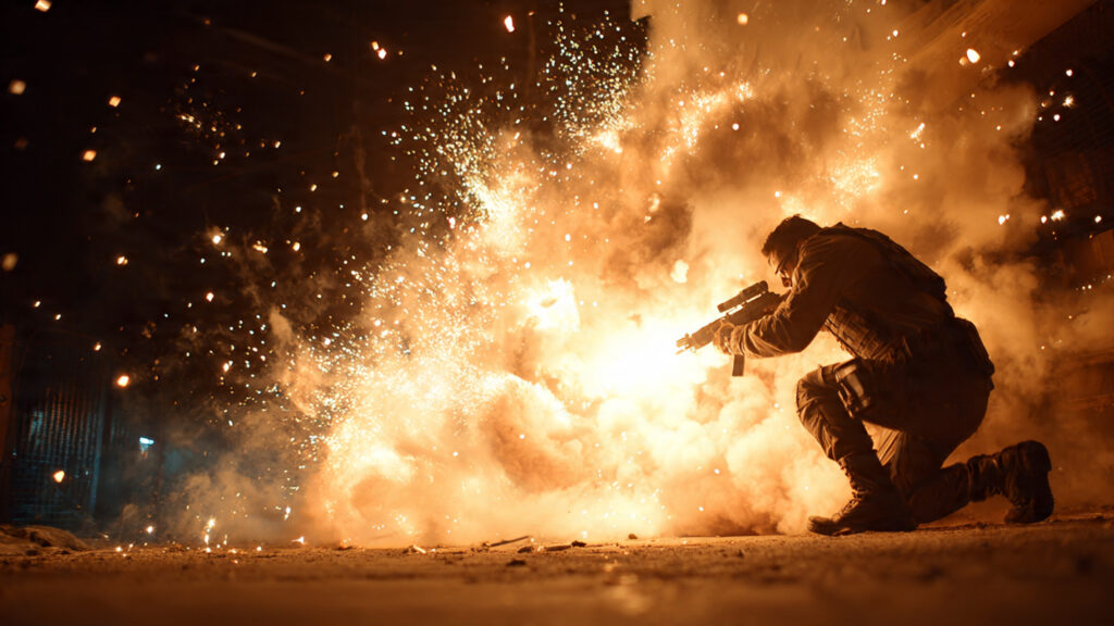 Dynamic shot from an explosive action movie scene from 2026