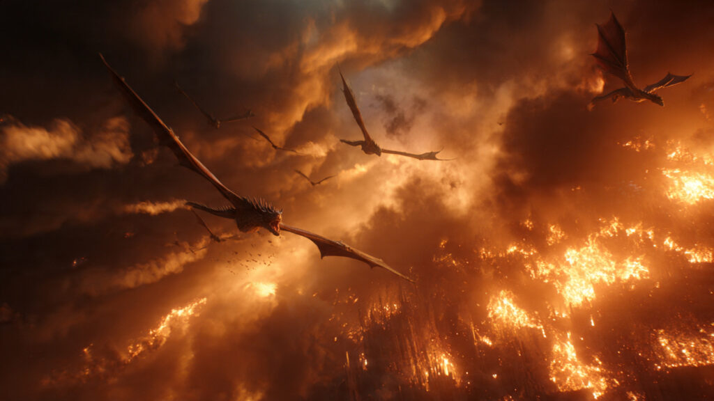 Epic aerial battle scene with dragons]