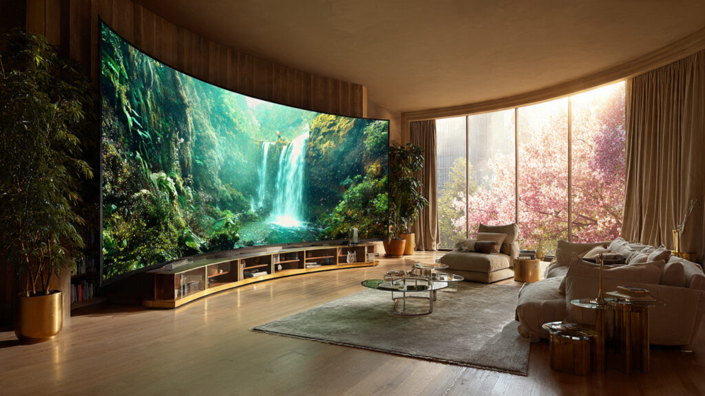 Beyond OLED: The Dawn of Modular Micro-LED Walls in 2026 2 A luxurious living room with a massive, curved Micro-LED wall displaying a vibrant nature documentary.