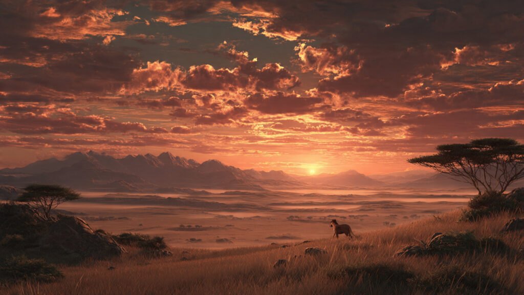 The World in Breathtaking 4K: National Geographic's Visual Masterpieces on Disney+ 2 A stunning wide shot of a vast natural landscape, like the African savanna at sunset, with wildlife visible in the distance