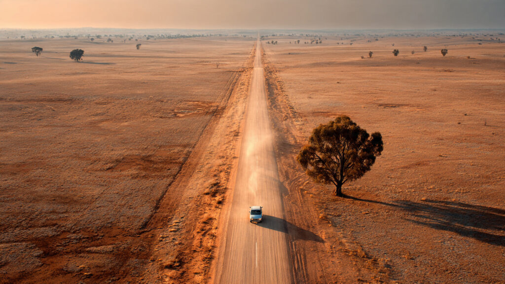 Hidden Noir: Dive into the 5 Detective Masterpieces You’ve Probably Missed 4 A wide shot of a parched, dusty Australian landscape with a solitary car on a long, straight road.