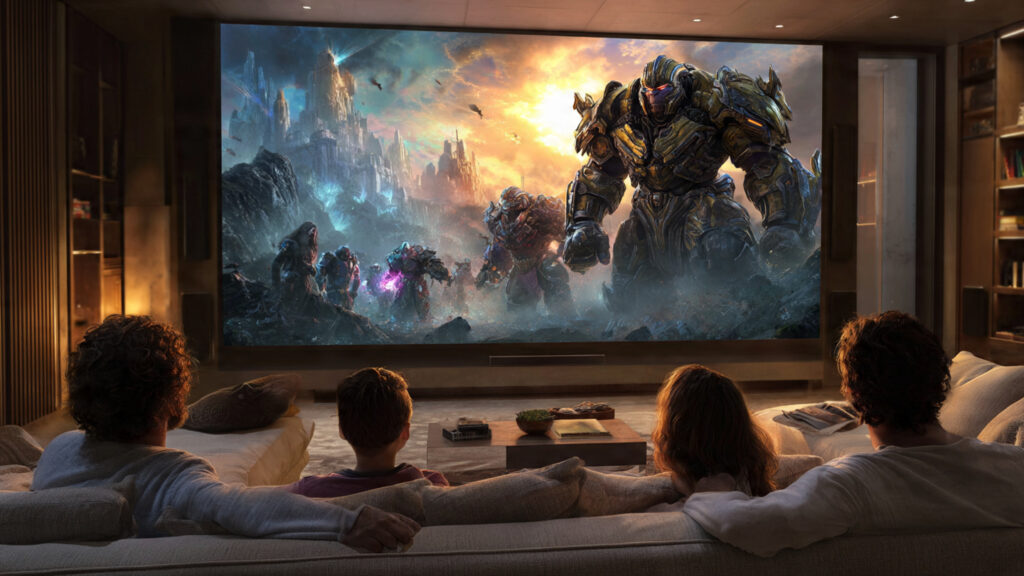 Montage depicting a family enjoying a blockbuster movie in a high-tech living room with a large screen and immersive sound system