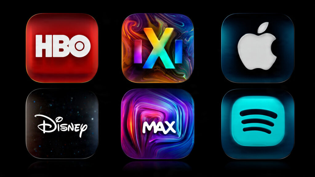 Montage of logos of HBO Max, Disney+, Apple TV+, and social media icons