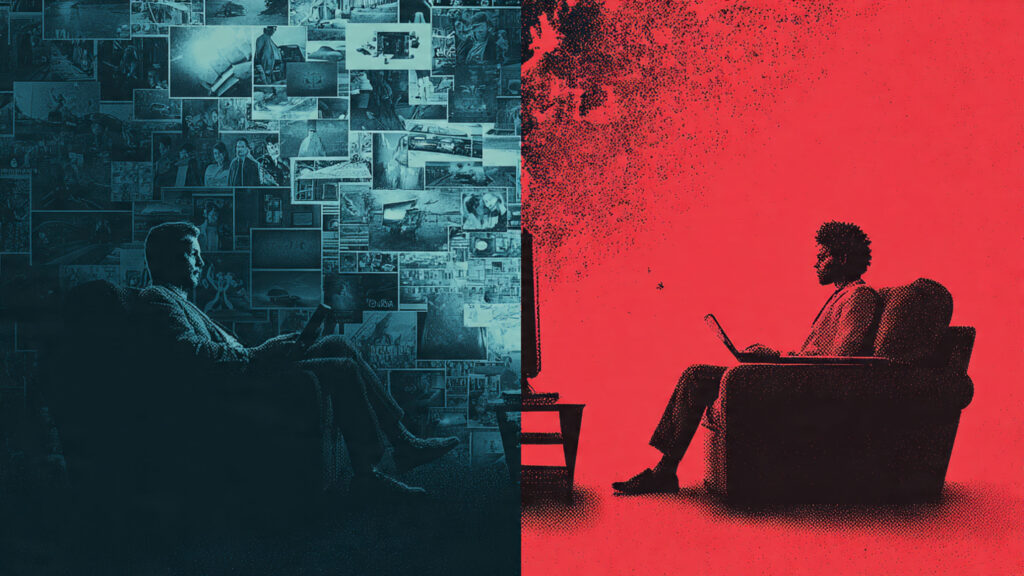 Striking visual representing the contrast between binge-watching and weekly releases, perhaps a split image of someone frantically watching and someone calmly discussing a show