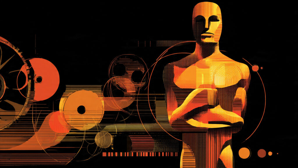 Stylized graphic representing the Oscars statuette blending with film reel elements