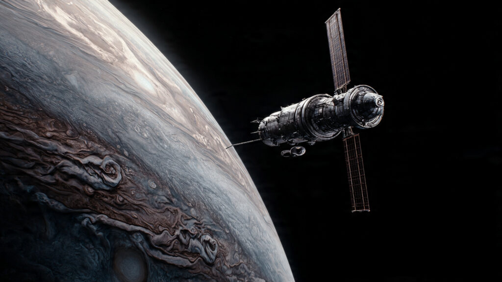 Beyond the Event Horizon: Best Sci-Fi Movies Like Interstellar's Grandeur 5 The iconic shot of the Discovery One spacecraft drifting silently in orbit around Jupiter, with the monolith subtly present