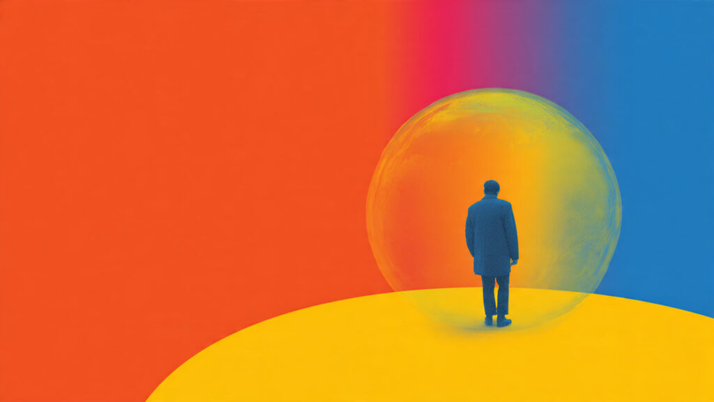 Unmasking the Netflix Algorithm: Your Personal Cinema or a Digital Prison? 3 A visual metaphor of a person trapped inside a brightly colored, but confining, bubble