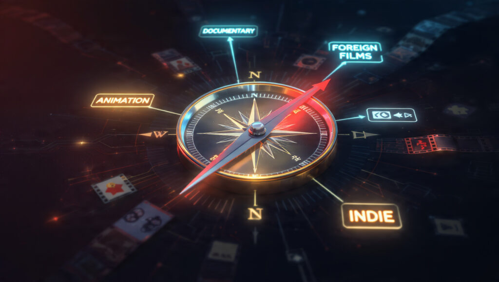 Unmasking the Netflix Algorithm: Your Personal Cinema or a Digital Prison? 4 A map or compass pointing to diverse genres like "Animation," "Documentary," "Foreign Films," "Indie"