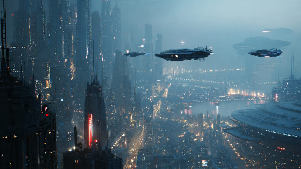 Action Movies 2026: Full Movie English – Top 10 Blockbusters Streaming Now 5 Wide shot of a futuristic cityscape with flying vehicles, representing advanced visual effects in 2026 action films
