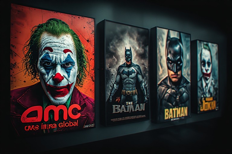 Here: A collage of movie posters for Joker and The Batman, with the AMC Cinema Global logo subtly integrated