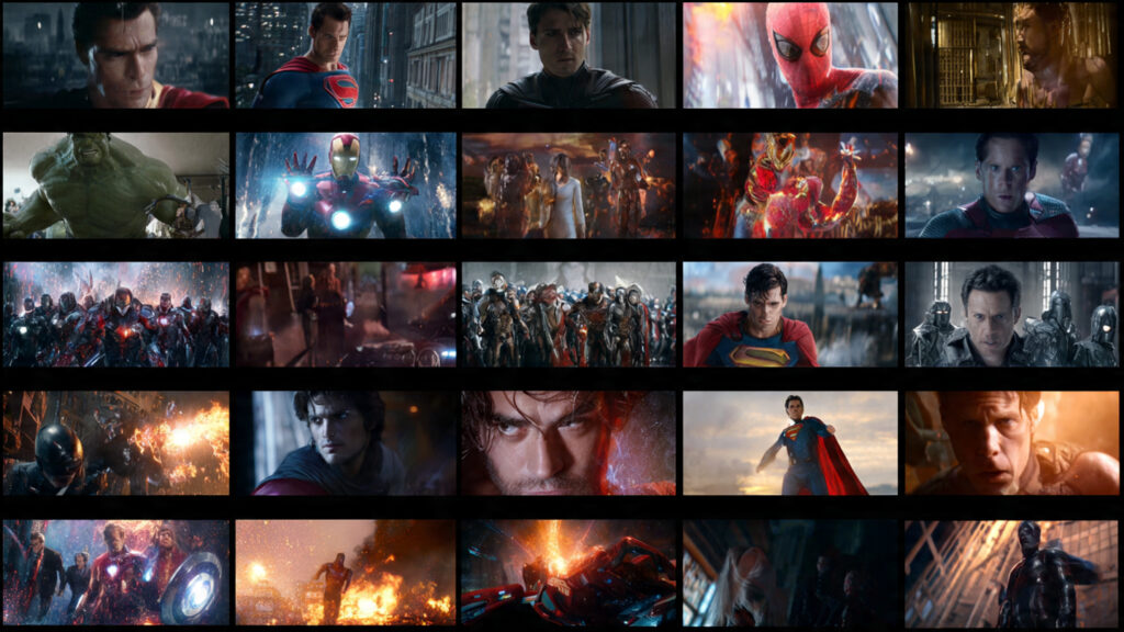 Diverse montage of iconic superhero movie trailer moments blending action and emotion